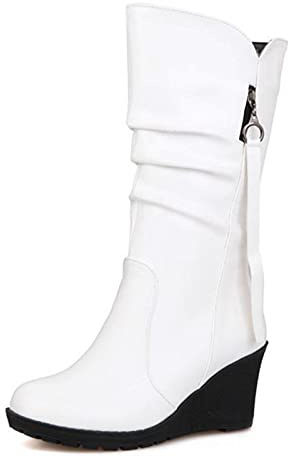 XINXINIO Stivali da donna a mezza altezza per calore con zeppa alla moda, ecopelle bianca, 33 EU