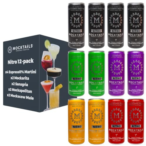 Uniquely crafted, non-alcoholic cocktails. Pack of x4 Espresso Martini, x2 Margarita, x2 Moscow Mule, x2 Cosmo and x2 Sangria. Naturally sourced, nitro charged, ready-to-drink mocktail | 12 x 200ml