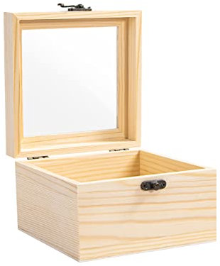 Useekoo Holzkiste mit Scharnierdeckel, 15 x 15 x 9,9 cm, unlackiertes Holz, Aufbewahrungsbox mit Glasdeckel, Holz-Schmuckschatulle für Geschenk und Heimdekoration
