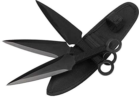 BSH Adventure Wurfmesser Set mit Holster aus Cordura - 3 Stück - Full Tang Glatter Klinge - Edelstahl 420 - Messergewicht 90 g - Gesamtlänge 23 cm
