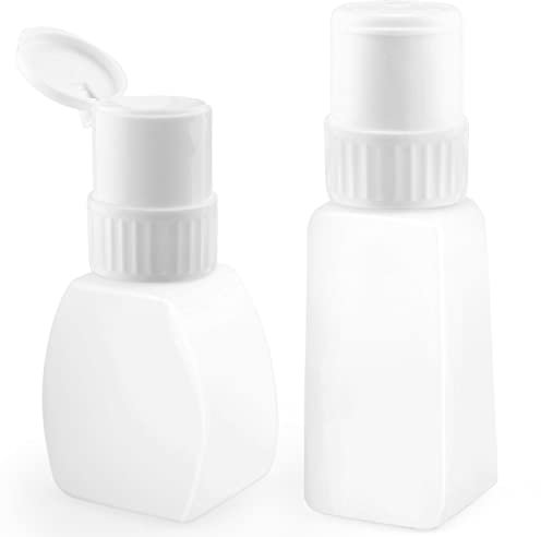 2 botellas de plástico con bomba de presión recargables, dispensador de bombeo de prensa de botellas con tapa abatible para esmalte de uñas y removedor de maquillaje, alcohol líquido, color blanco