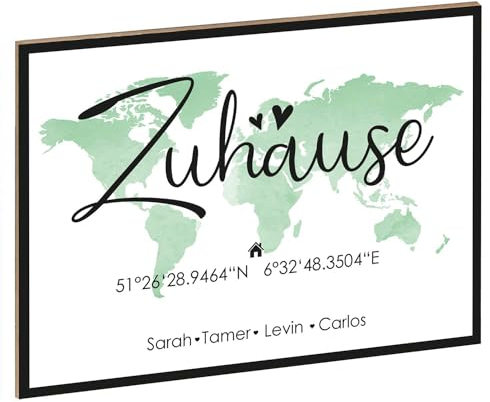 GRAVURZEILE Holzschild mit Spruch - Zuhause - Personalisiert mit Namen & Koordinaten - Moderner Kunstdruck auf Holz - Wand Dekoration im Vintage Look - Geschenk für Familien Sie & Ihn - Farbe Grün