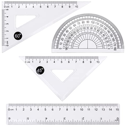 cobee Clear Messwerkzeuge, 4 teiliges Mathematik Lineal Geometrie Werkzeug Set mathematische Geometrie Werkzeuge gerades Lineal, Dreieckslineal Winkelmesser Zeichenlineal Geometrie Mathe Lineal