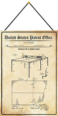 DekoDrom® Blechschild 20 x 30 cm US Patent Tischtennis Ping Pong Tisch Hobby historisches Motiv mit Kordel zum Aufhängen Wand Deko Sammler Geschenk