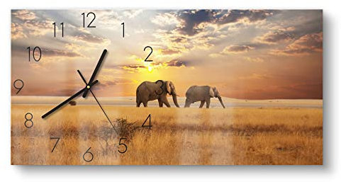 DEQORI Glasuhr | vertikal 60x30 cm | Motiv Elefanten in der Steppe | große XXL Design Uhr aus Glas | leise Wanduhr für Wohnzimmer & Küche | moderne Hingucker Uhr für die Wand
