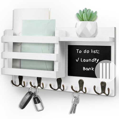 HRONRAD Key and Mail Holder for Wall, Farmhouse Wall Mounted Key Hooks with Floating Shelf,Wooden Hanging Key Organizer Storage, 5 Double Hooks and Blackboard for Entryway (White)