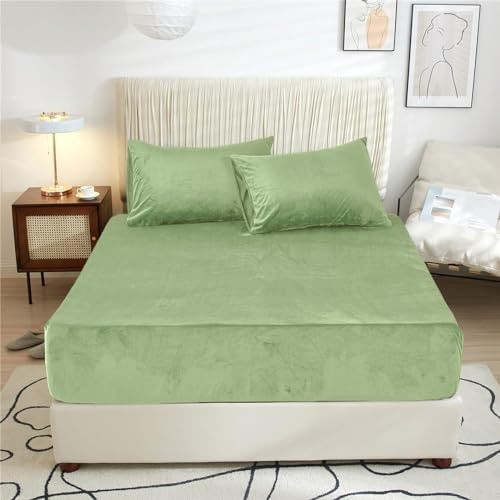 Fleece Spannbettlaken 160x200 Grün Hellgrün Warm Plüsch Samt Kuschelige Boxspringbett Frottee Biber Spannleintuch 160 x 200 Doppelbett Uni Muster Leintuch für Hohe Matratze Hoher Steg bis 25-30 cm
