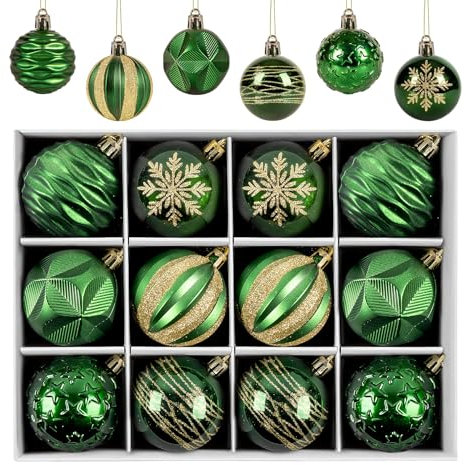 12 pcs Green Christmas Baubles, Ornaments 60mm/2.4 Shatterproof Plastic Balls Christmas Tree Hanging Ornaments for DIY Xmas Holiday Wedding Party Home Decorations