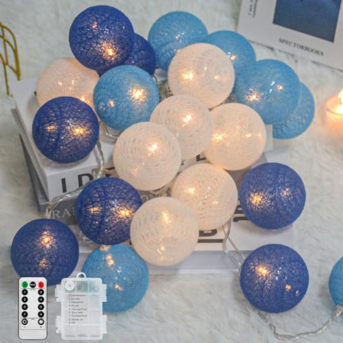 Ciskotu Baumwollkugeln Lichterkette Batteriebetrieben, 20 LED Dimmbar Cotton Ball Lichterkette mit Fernbedienung, LED Kugeln Lichterkette Innen für Kinderzimmer Weihnachten Hochzeit Party(Blau)