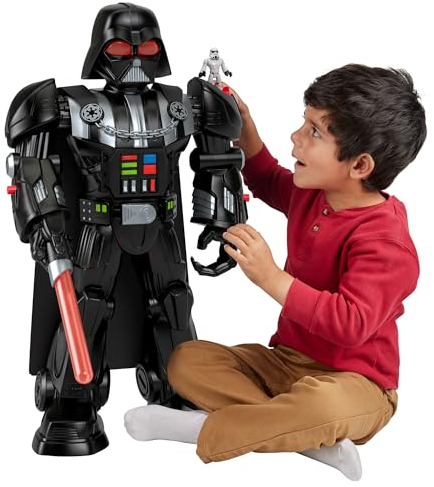 Fisher-Price Imaginext Star Wars Robot de Darth Vader de 60 cm con luces y sonidos, con sable láser, lanzador y figura de soldado imperial, juguete +3 años (HXG51)