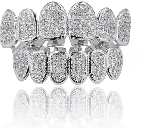 Diamant Silber Grillz Gold Zähne Grills für Zähne Diamant Vampir Zähne Grillz Vergoldet Glänzend Hip Hop Zähne Grillz Diamant Gold Grillz, Medium, Nicht-Edelmetall, Zirkonia