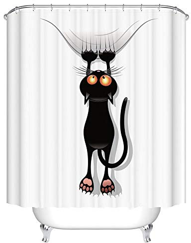 BOYOUTH Tenda da doccia con stampa digitale con gatto nero in stile cartone animato, tenda da bagno in poliestere impermeabile con 12 ganci, 183 x 248 cm, multicolore