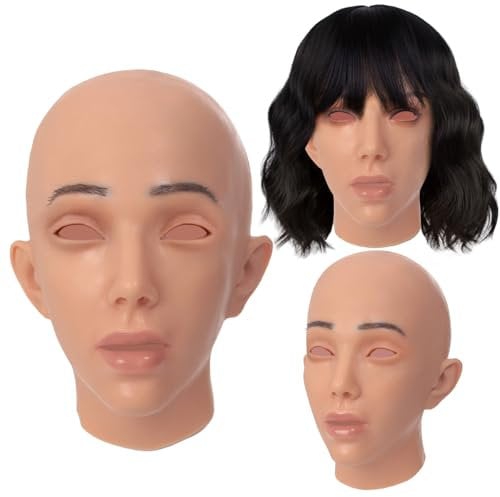 JVTUNG Maschera per la testa femminile in silicone fatto a mano realistico Halloween bellezza viso per Crossdresser Cosplay (Tan)