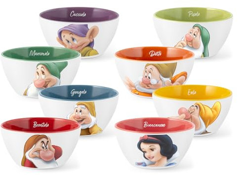 Home Disney- Sette nani, set 12 ciotole cereali Sette nani POP, 590 cc, personaggi assortiti, New Bone China, lavabili in lavastoviglie, idonee al microonde