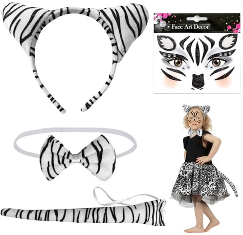 Zebra Kostüm Set - 4-teilig Mit Stirnband, Fliege, Schwanz, Ohren Und Gesicht Kunst Aufkleber - Für Kinder Und Damen - Karneval, Fasching, Halloween Party