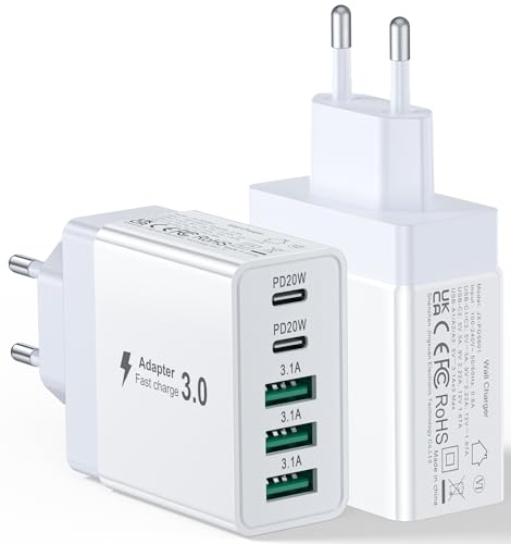 (2-Pack) 50W USB C Ladegerät Mehrfach 5-Port Schnellladegerät Netzteil Stecker Adapter PD QC Ladestecker für iPhone ALLE Serien & i-Pad, Tablets, G00gle, S@msung, Handys
