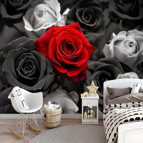 Photo Wallpaper Black and Red Roses 150 x 105 cm Non-Woven Premium Art Print Fleece Wall Mural Decoration Poster Love Theme Design Photo Mural for Child Bedroom TV Background Wall Decor