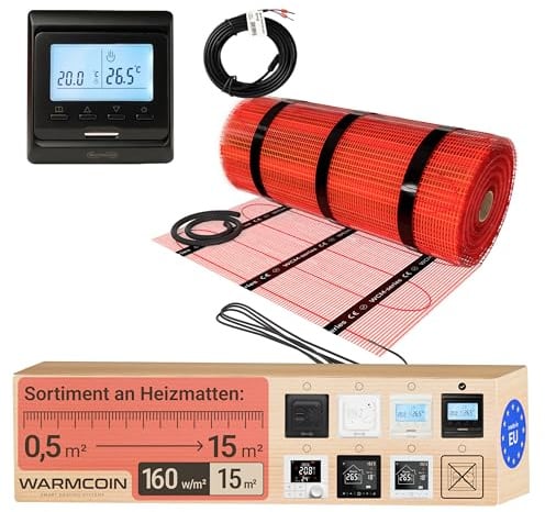 Warmcoin® Kit Complet Chauffage au Sol Électrique 160 W/m² – Trame Autocollante 15,0 m² (0,5x30m) – Pour Carrelage, Stratifié, Vinyle et Parquet – Inclut Thermostat LCD Programmable W51 Noir