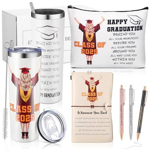 6 Stück Klasse 2025 Abschluss-Geschenke für Sie, Studenten, Tochter, Senior 2025, High School, College, Master, Abschluss, Geschenke für Frauen, 590 ml, Make-up-Tasche, Leder, Tagebuch, Kugelschreiber