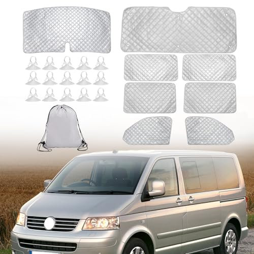 Thermomatte Fahrerhaus für LWB T5 T6,8 Stück Wasserdicht UV-Proof Thermomatte t5 t6 Frontscheibenabdeckung Wintergegen Auto Frontscheibe Set