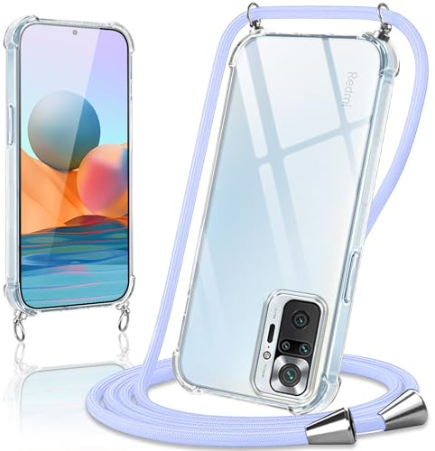 Coiwxmoi Handykette Handyhülle für Xiaomi Redmi Note 10 Pro / 10 Pro Max Hülle mit Band 6.67,Transparent Case mit Kette Abnehmbar zum Umhängen Kordel Schutzhülle,Weich Silikon TPU Stoßfest Cover,Lila
