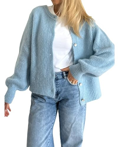 Gilet Col Rond Femme Cardigan en Tricot Court à Manches Longues Pull Veste Boutonnée Casual Vêtement d’éxtérieur Hiver Chaud