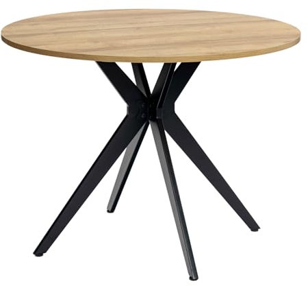 MEUBLE COSY Table Salle à Manger Ronde Vintage 4 Personnes pour Salon Cuisine Bureau, en Bois d'ingénierie et Métal, Chêne + Noir, 100x100x75cm