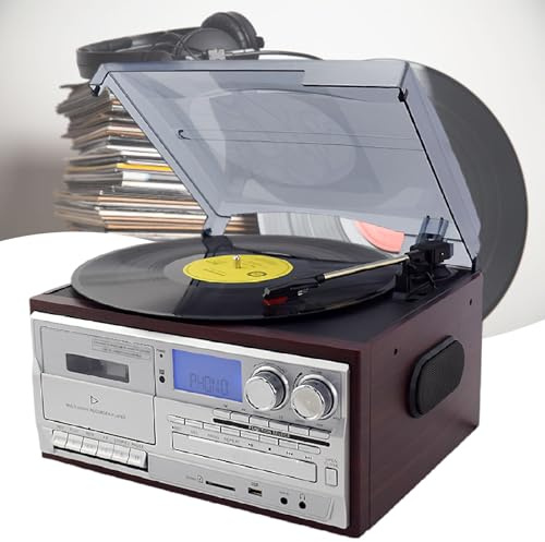 XEEAOFE Record Player 3 Speed Bluetooth Vintage Turntable CD/Cassette Vinyl Player AM/FM Radio, Record Player with External Speakers,Silver-220V