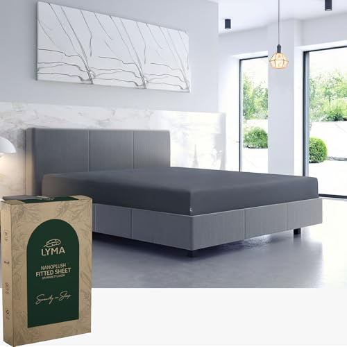LYMA Bedding Fitted Sheet Double, Deep Pocket 30CM, OEKO-TEX Certified, Ultra Soft Nanoplush Double Brushed Quick Dry Fabric, Shrink Wrinkle & Fade Resistant Easy Care Elastic Bottom Sheet (Dark Grey)