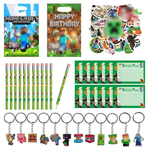 KEVRDRT 106 Pcs Videospiel Party Mitgebsel, Miner Kindergeburtstag Gastgeschenke mit Einladungskarten Schlüsselanhänger Geschenktüten Aufkleber Bleistift, Gamer Theme Party Zubehör