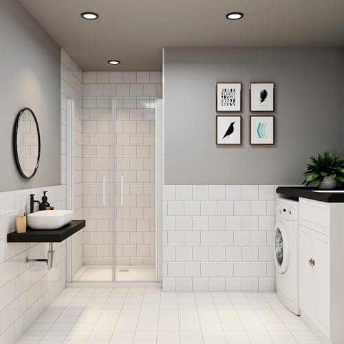 Porte de douche blanc 90cm Installation en niche porte de douche battante Hauteur 180cm en verre transparent et anticalcaire