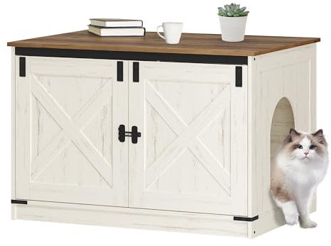 Hzuaneri Cat Litter Box Enclosure, Hidden Litter Box Furniture with Detachable Dividers, Reversible Entrance Left or Right Side, Wooden Cat House, 80 x 50 x 54 cm, Rustic Brown and White CB86614X