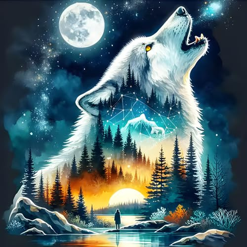 DPHERO DIY Fantasie Wolf Diamant Painting Kits Bilder für Erwachsene Anfänger,5D Wald Diamond Painting Set,DIY Runde Steine Mondnacht Diamant Kunst Kits, Diamant Art für Zuhause Dekor 30x30 cm