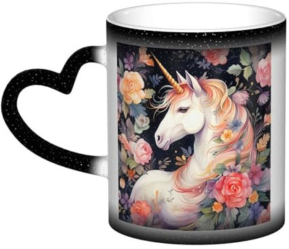 LDTVSFZQ 11 Oz Ceramic Coffee Mugs, Flower And Unicorn Color Changing Mug Personalized Novelty Coffee Mug Cup Black Tea Cup Cool Coffee Mugs For Men Women Funny Gift