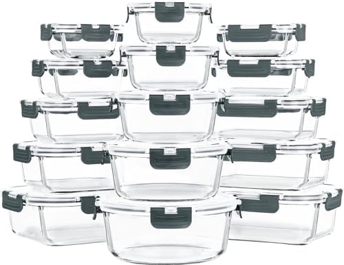 Skroam Frischhaltedosen aus Glas mit Deckel, luftdicht, Glas-Mahlzeiten-Vorbereitungsbehälter, Lunchbehälter mit Deckel, für Mikrowelle, Backofen, Gefrierschrank und Spülmaschine, 15 Stück