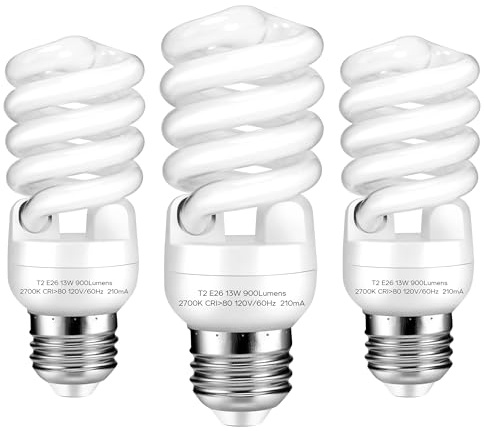 Arsmrau E26 Base 13W 2700K 900lm CFL Light Bulbs, T2 Spiral (60Watt Equivalent) Soft White Compact Fluorescent Light Bulbs, UL Approved, 120v 60Hz, Self Ballasted, Indoor Use (3 Pack)