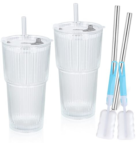 QINGZY 2er Set 600ml Gläser mit Deckel, Strohhalmen & Reinigungspinsel | Gerippte Eiskaffee & Bubble Tea Becher, Edelstahl- und Glasstrohhalme | Für Smoothies, Juices, Cocktails, unterwegs