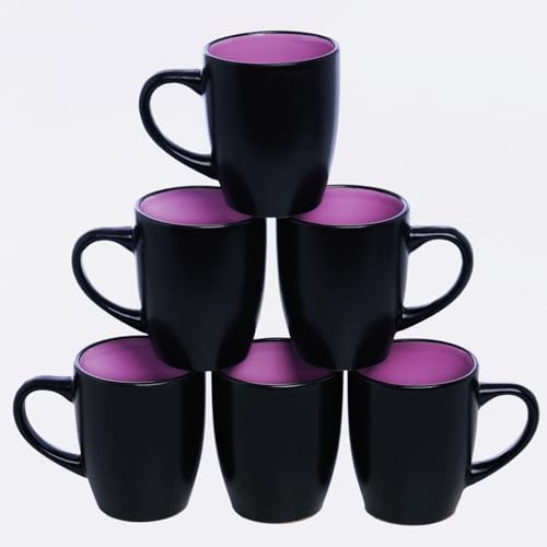 HOMD Coffee Cup Set 6-12oz Large Handle Ceramic Cup for Coffee, Soup, Tea, Milk, Latte, hot Cocoa, Ladies, Men-New Porcelain Mug Set. (Black Outside and Purple Inside)