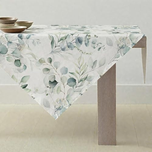 ViaElayu Tischdecke Frühling 85x85 Klein Gartentischdecke Outdoor Mitteldecke Modern Grün Eukalyptus Blätter Mintgrün Aquarell Tischdecken Abwaschbar Quadrat Garten Tischdecken für Draußen