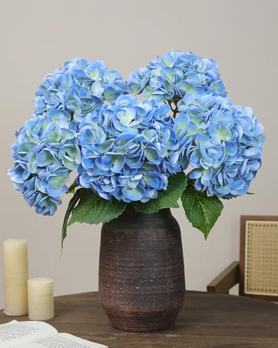 NOMIGI 5pcs Blue Hydrangea Artificial Flowers Real Touch Latex Large Fake Hydrangeas 21in Lifelike Full Dried Faux Hydrangeas Flowers for Home Decor Wedding Party Arrangements