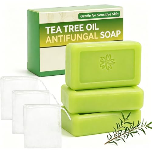 3 PCS Tea Tree Oil Soap Bars With Foaming Nets, Natural Cleansing Soap For Face, Body & Hands, Helps Reduce Acne & Soothe Irritated Skin, Controls Oil & Refreshes Skin (Green)