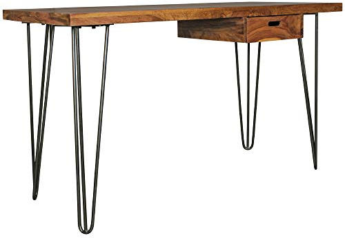 Wohnling Schreibtisch BAGLI braun 130 x 60 x 76 cm Massiv Holz Laptoptisch Sheesham Natur, Landhaus-Stil Arbeitstisch mit Ablage, Bürotisch PC-Tisch