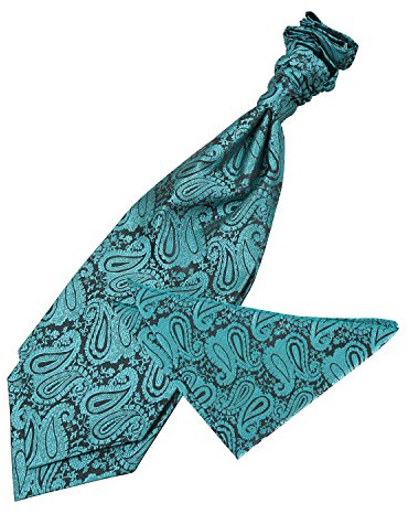 DQT Mens Paisley Floral Jacquard Pre-Tied Scrunchie Cravat & Pocket Square Set (2pc) – Wedding, Business & Formal - Teal