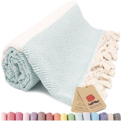 Bazaar Anatolia Hamamtuch Strandtuch Saunatuch 100% Baumwolle Badetuch Groß 185x100 cm Orientalische Deko Decken Boho Sauna Yoga Diamant (Mint)