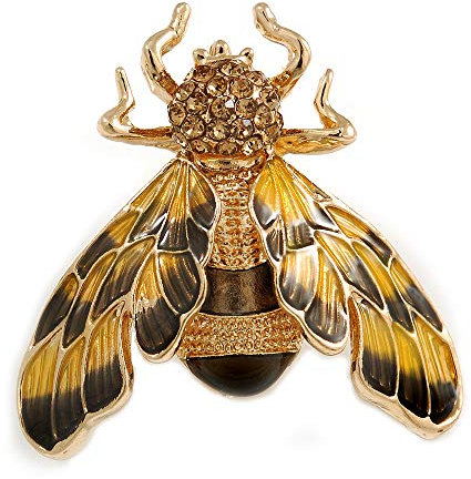 Avalaya Broche en Forme de mite en émail Jaune/Noir avec Cristaux dorés 35 mm de Long