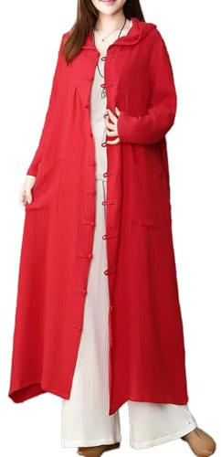 LUZU JUNU Trench-coat en coton et lin à capuche pour femme - Manches longues - Grenouille chinoise - Avec poche