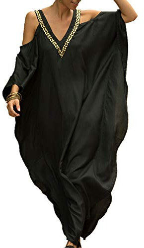 L-Peach Women's Bohemian Kaftan Backless Nightgown Shoulderless Loungewear Beach Dress Cover-ups Sarong Pareo C Black
