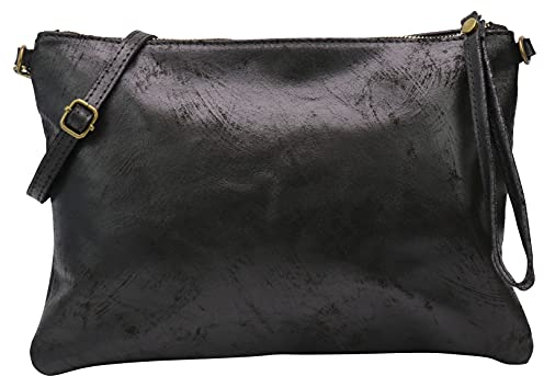 SH Leder Echtleder Umhängetasche Clutch im vintage look mittelgross Tasche Abendtasche 33x22cm Clara G396 (Schwarz)