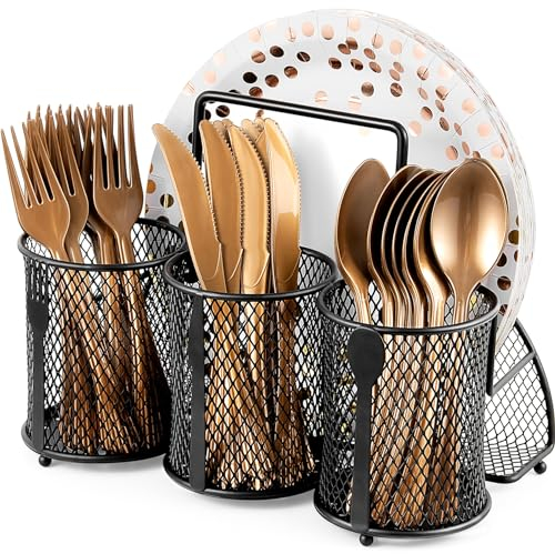 DTICON Utensilienhalter aus Metall, Besteck-Organizer, Utensilienhalter, Besteck-Caddy, Besteck, Löffel, Gabel, Aufbewahrung für Outdoor, Party, Camping, Picknick, Küche, Arbeitsplatte (schwarz)