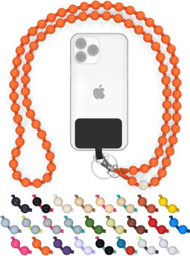 DROPLETSY Holzperlen Handykette universal, handgefertigt, Schlüsselband, Kette, Necklace zum Umhängen - kompatibel mit Allen Smartphones: Apple iPhone, Samsung Galaxy (ohne Hülle, TheOrange)